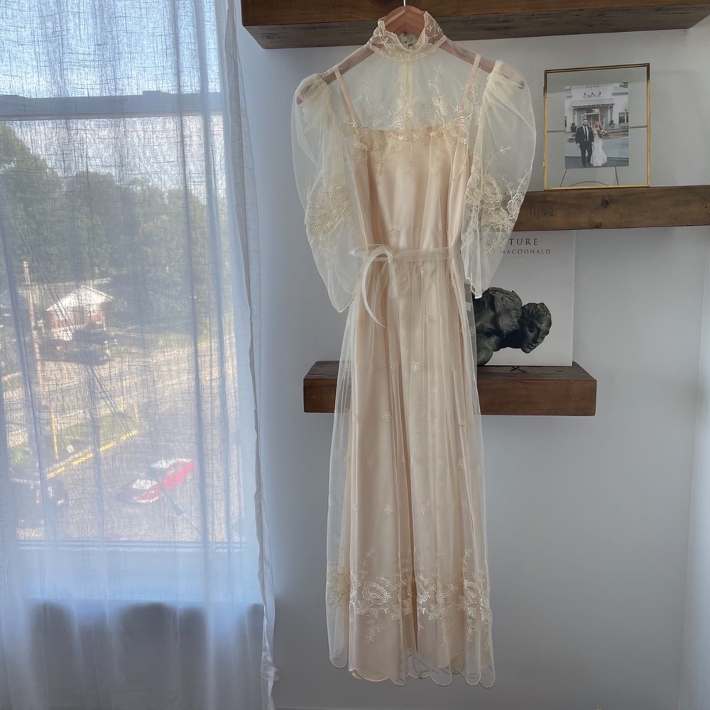 Vintage Ivory Lace & Satin Dress Puff Sleeve Midi - Picture 2 of 8